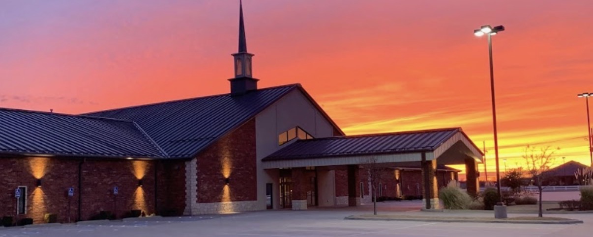 Northwest Church of Christ building at sunset in Lawton, Oklahoma